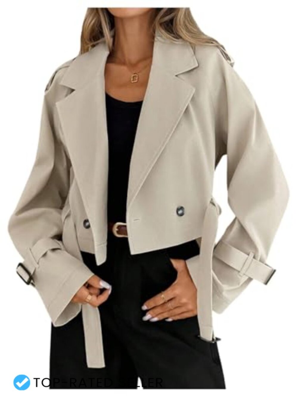 Women's Cropped Trench Coat Long Sleeve Double Breasted Belted Jacket
